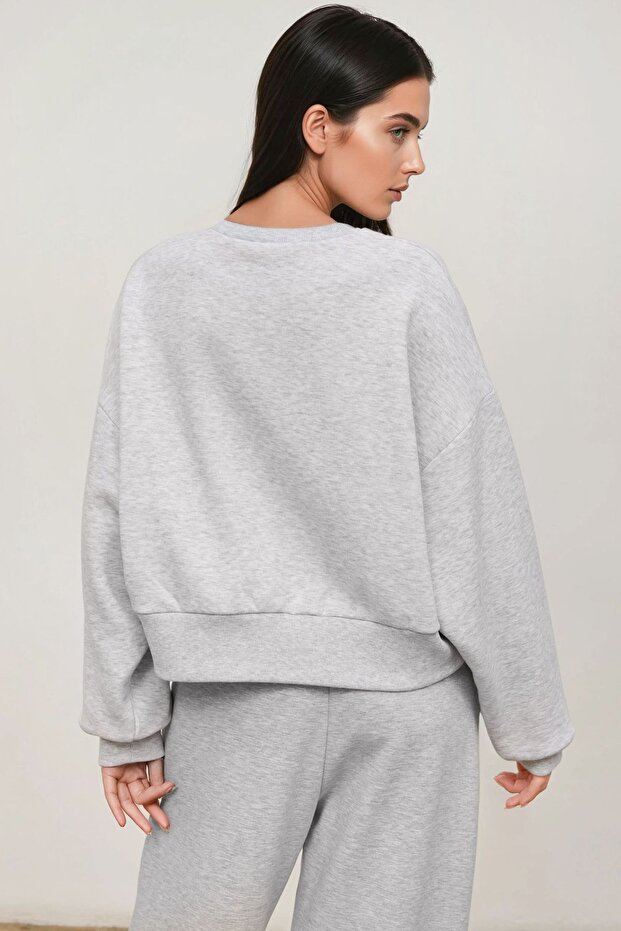 Loose Fit Bisiklet Yaka Pamuklu Basic Şardonlu Örme Sweatshirt - 3