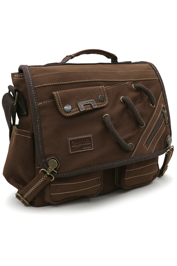 4017 Brown 14-Inch Laptop Cotton Gabardine Messenger School Bag Unisex with Lock Multi-Pocket Shoulder Strap