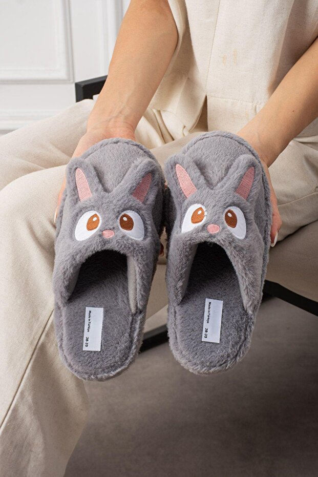 My Rabbit Embroidered Women's House Slippers Plush Slippers Dowry and Bundle Slippers Do Not Make Noise Thick Sole