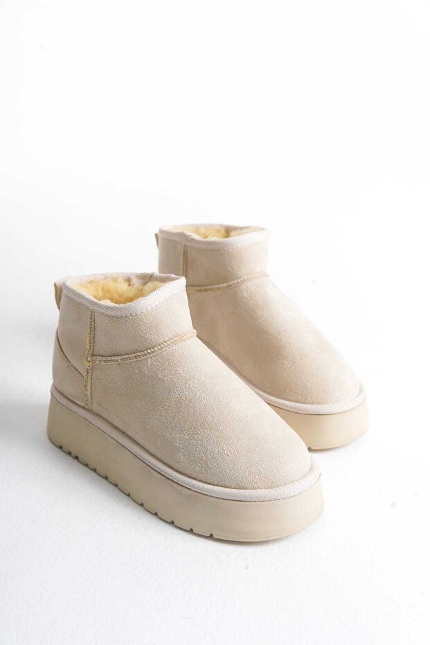 Beige Mini Ankle Boots with Fur Inside Flat Sole Women's Shoes U-K