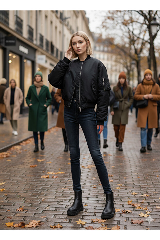 Kısa Oversize Bomber Ceket - 1