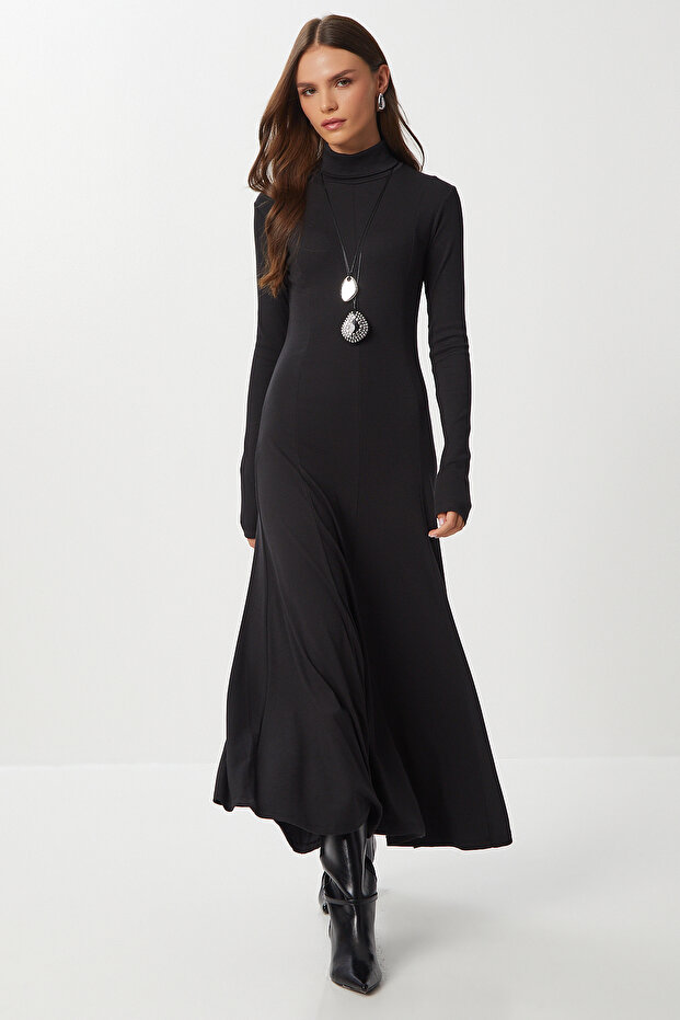 Flared Long Modal Dress Lub0235 Black