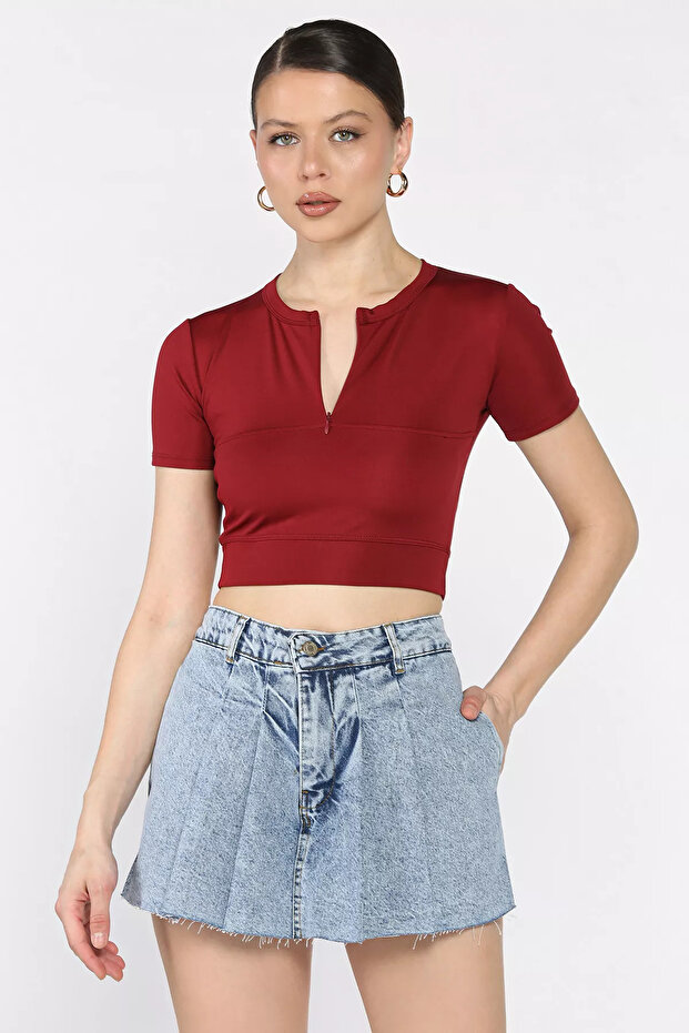 Mavi Yüksek Bel Pileli Jean Kot Şort Etek - 1