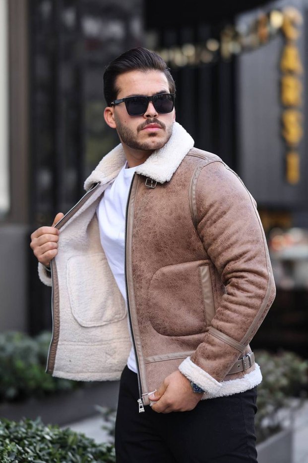 New Season Men's Zipper Detailed Fur Napa Leather Winter Coat