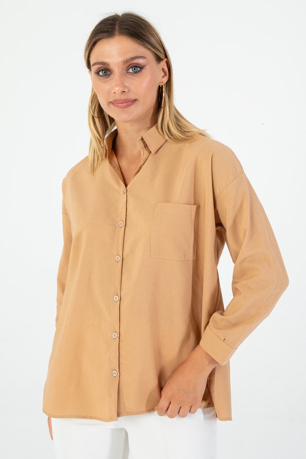 Women's Sand Beige Oxford Textured Fabric Relaxed Fit Pocketed Shirt Poplin - Stylish and Practical