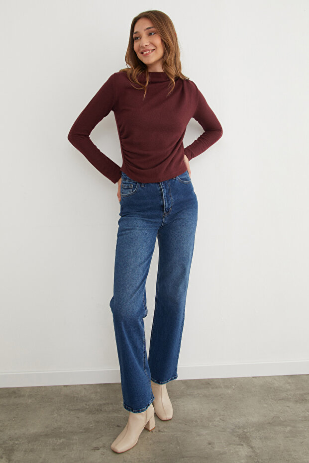 Yanı Drapeli Dik Yaka Triko Bluz - 2