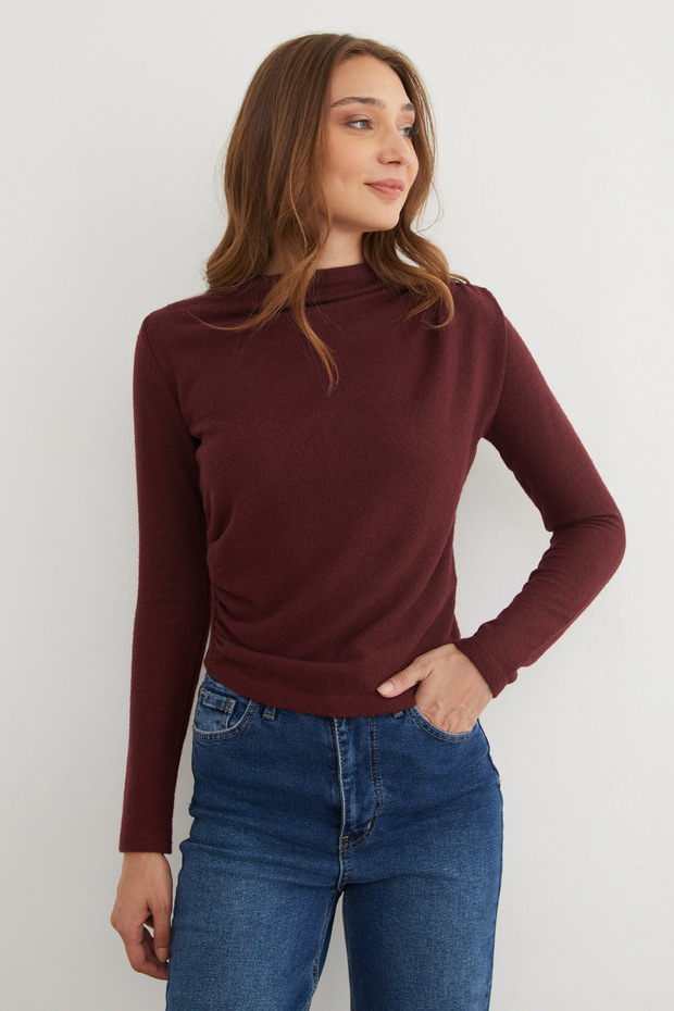 Yanı Drapeli Dik Yaka Triko Bluz - 3