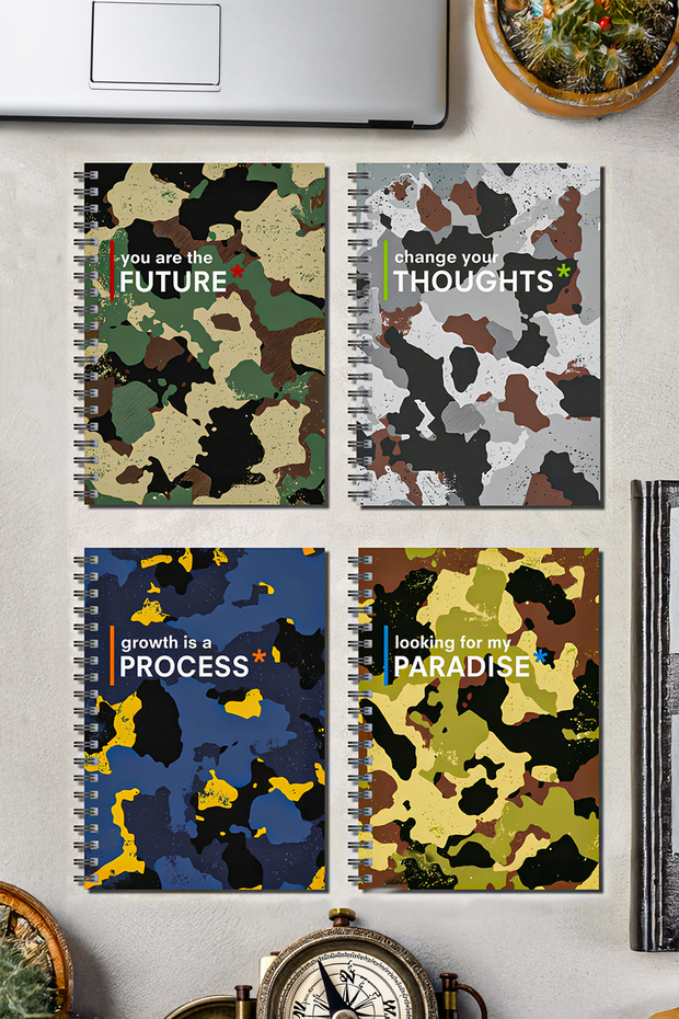 Camouflage Spiral Cardboard Cover |   A5 Lined |   School Notebook 70 Sheets Set of 4