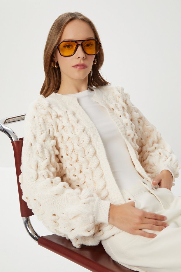 Balloon Sleeve Openwork Knitwear Cardigan Lmt0036 Cream