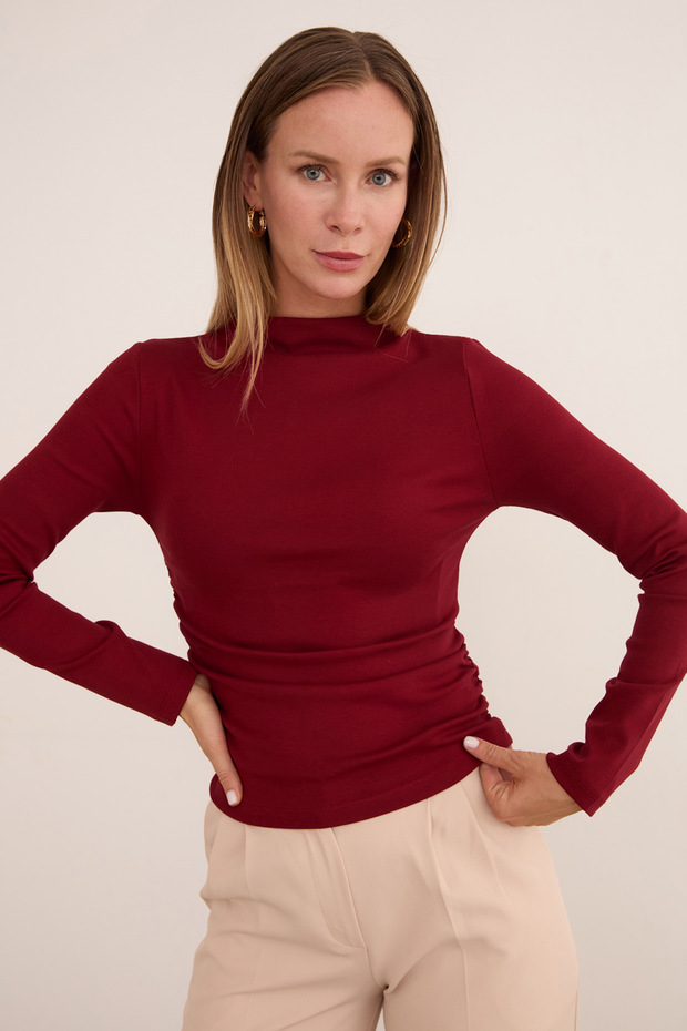 Basic Yanları Drapeli Dik Yaka Modal Bluz - 1