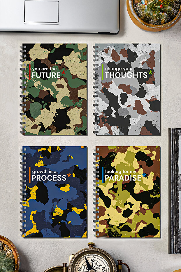 Camouflage Spiral Cardboard Cover | A5 Checkered | School Notebook 70 Sheets Set of 4