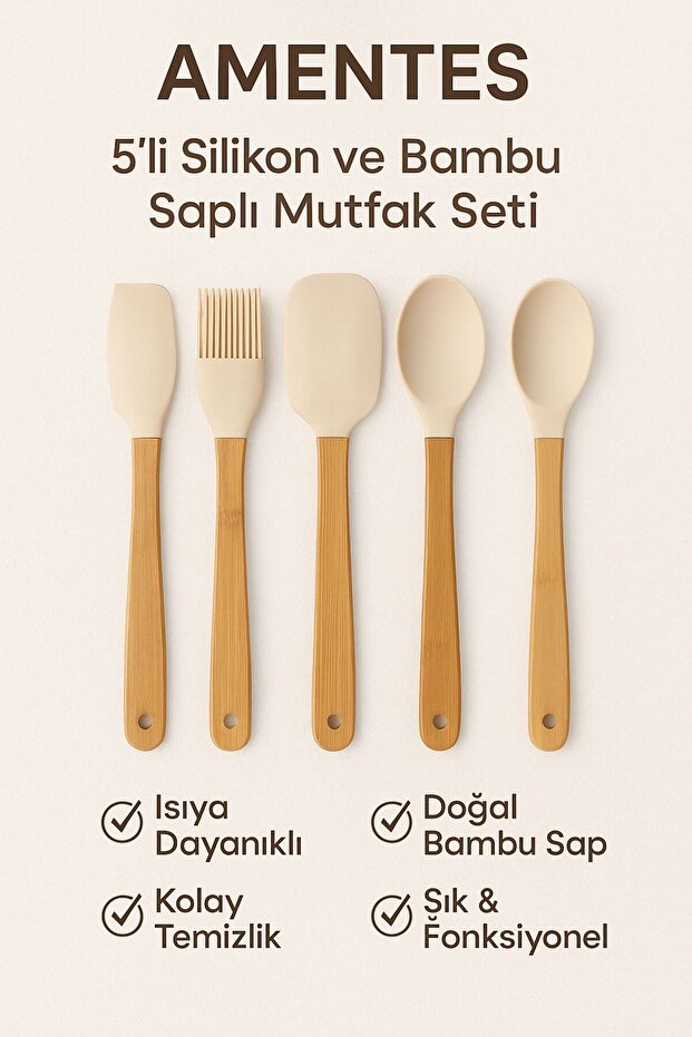 5 Li Mini Bambu Spatula Seti - Krem - 3