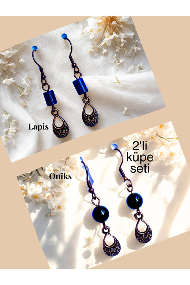 Lapis & Onyx Natural Stone Bohemian Drop Dangle, Women's 2-Piece Earring Set, Blue-Black