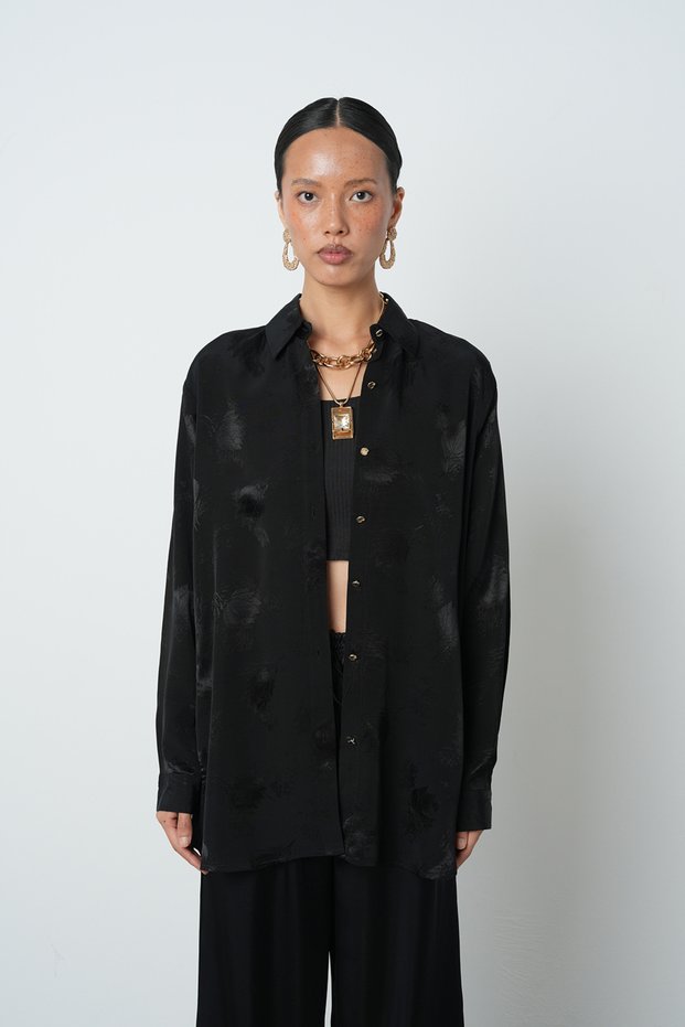 Women's Black Color Tulip Pattern Oversize Cut Shirt