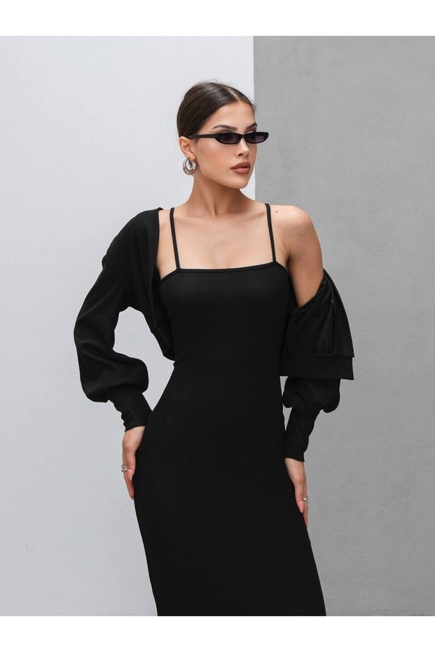 Women's Bolero Jacket Slit Detailed Strap Long Dress
