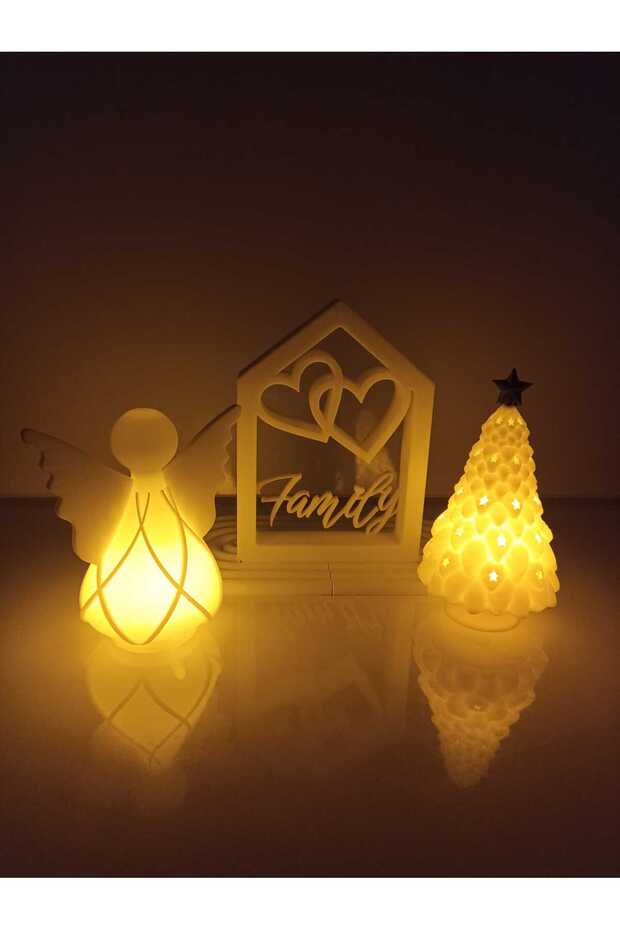 Christmas Ornament Led Pine Tree House and Angel Decoration Set 10-12-14 cm 2 Pcs Led Is Included
