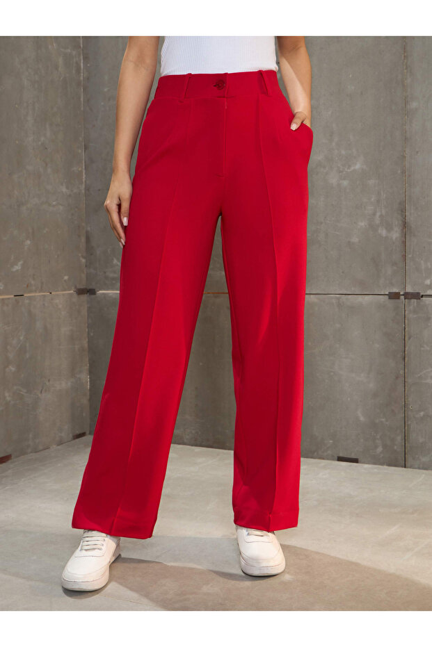 Women Red Front Darted Straight Pants
