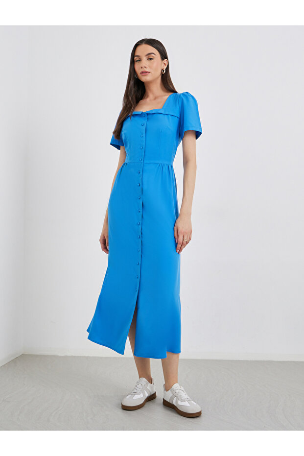 Solid Square Neck Buttoned Midi Dress - 2