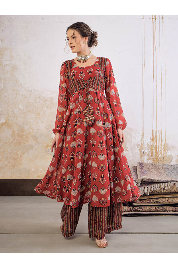 Maroon Floral Front Yoke Anarkali Kurta with Palazzo Pants Set