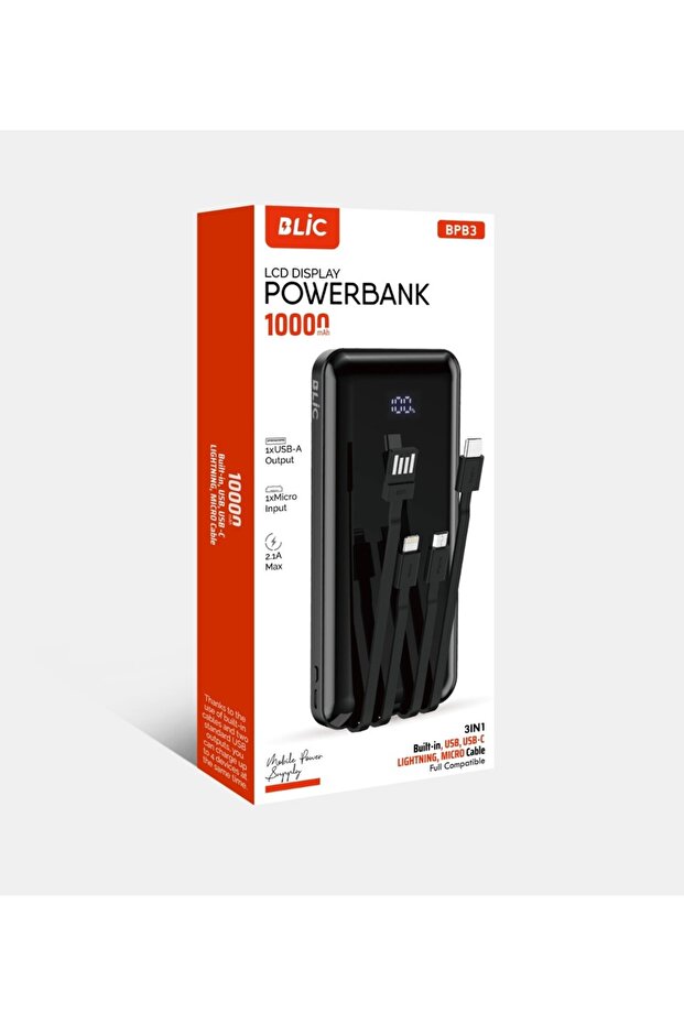 BPB3 10.000mAh LCD Ekranlı Powerbank | 3in1 Dahili Kablolu, 2.1A Hızlı Şarj, USB-A & USB-C Giri - 3