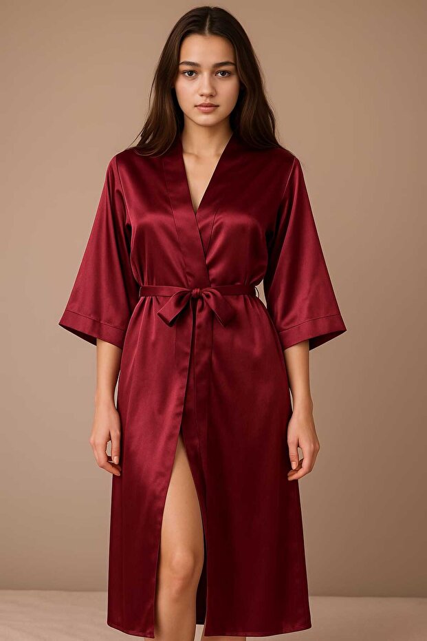 Burgundy Long Satin Sleeves Ending Below the Elbows Dressing Gown Kimono