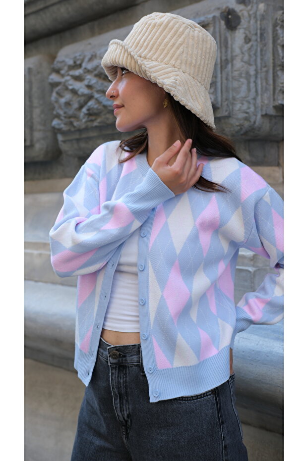 Una Fiaba-Mavi Women's Crew Neck Argyle Patterned Buttoned Knit Cardigan