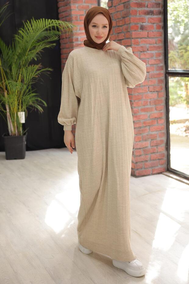 Crew Neck Balloon Sleeve Knitwear Dress Cream Hm2518