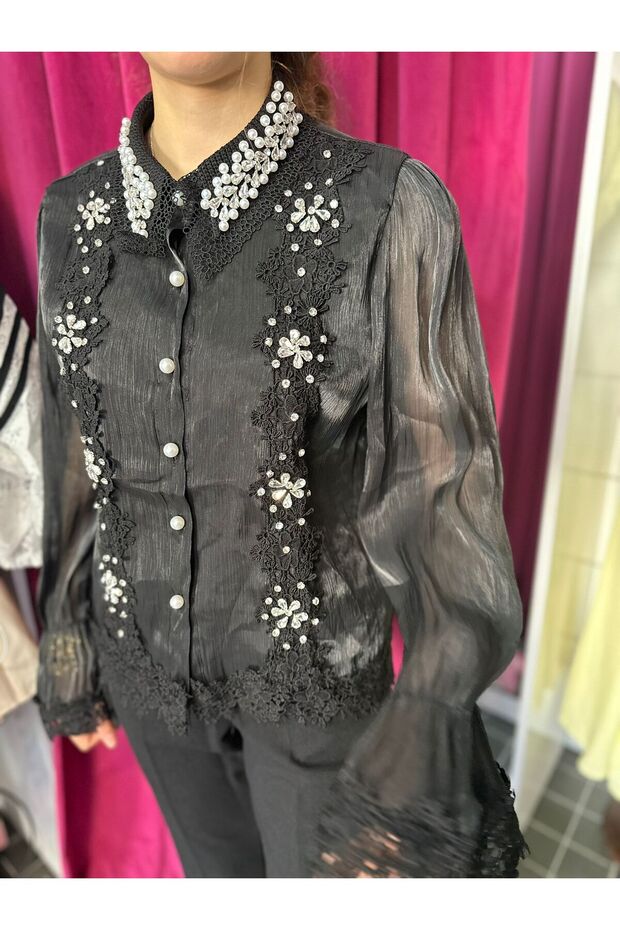 TAŞLI SİYAH GÖMLEK - 6