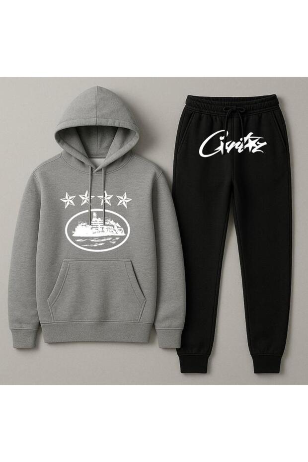 Hooded Crtz Printed Oversize Women'S/Men's Unisex Winter 3 Thread Tracksuit Set