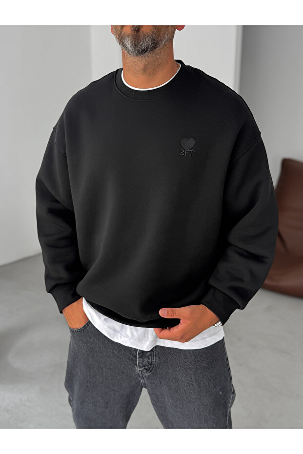 Siyah Kalp Nakışlı Basic Oversize Sweatshirt TW-7080 - 1