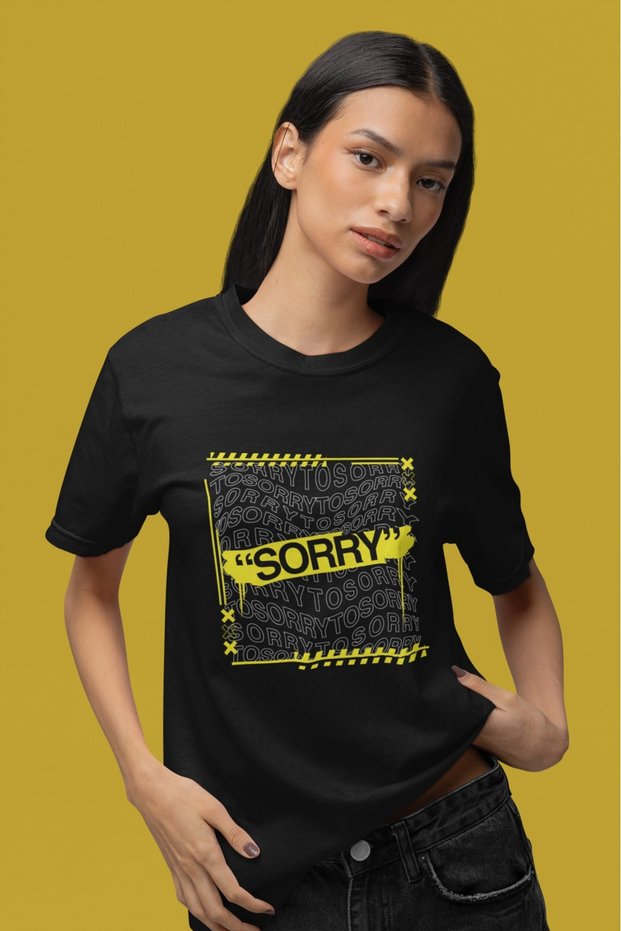 Girls/Women Yellow Sorry Transfer Printed Round Neck Short Sleeve T-Shirt