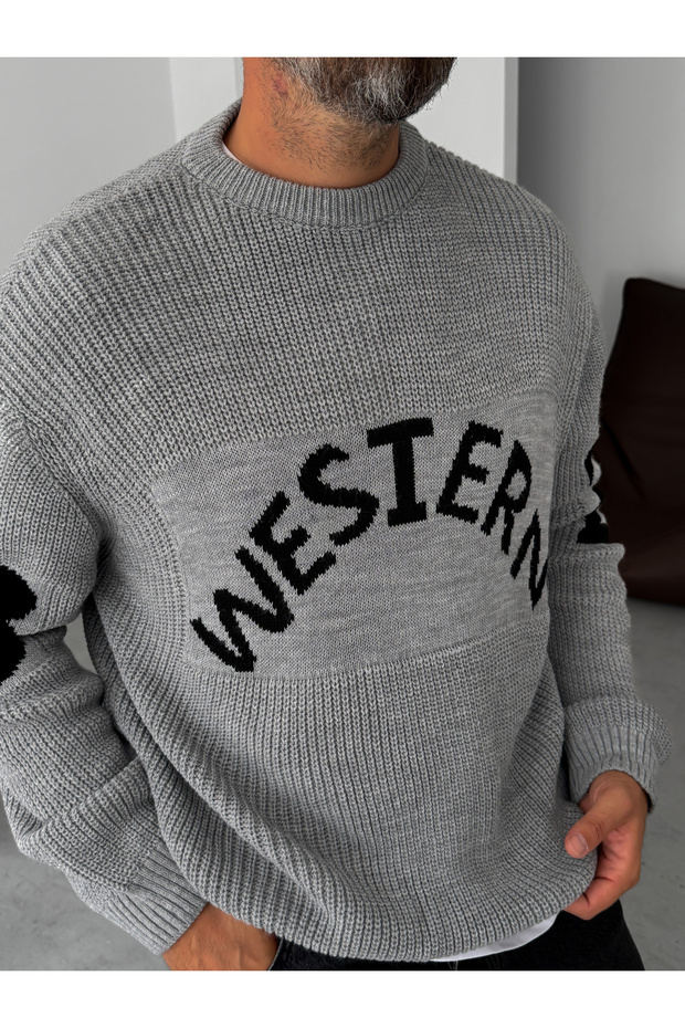 Gri Western Örme Oversize Kazak PM-019 - 4