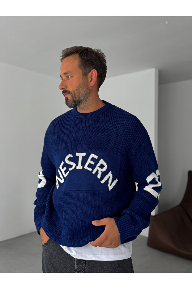 Lacivert Western Örme Oversize Kazak PM-019 - 1