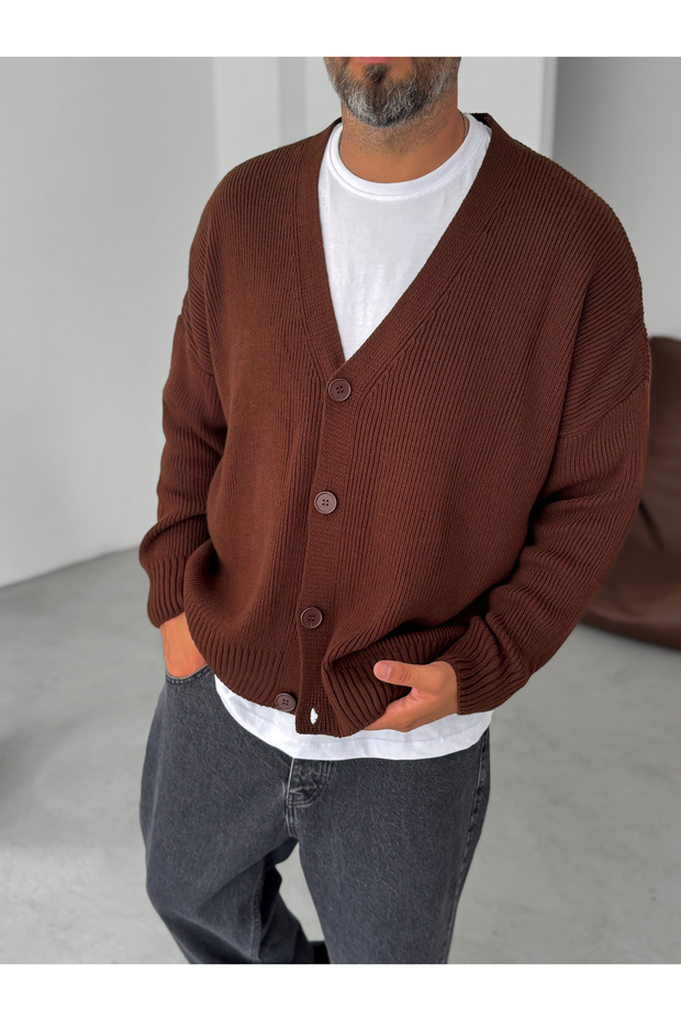 Kahve Düğmeli Oversize Örme Hırka PM-021 - 1