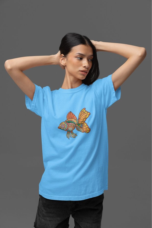 Girls/Women Colorful Fish Transfer Printed Round Neck Short Sleeve T-Shirt