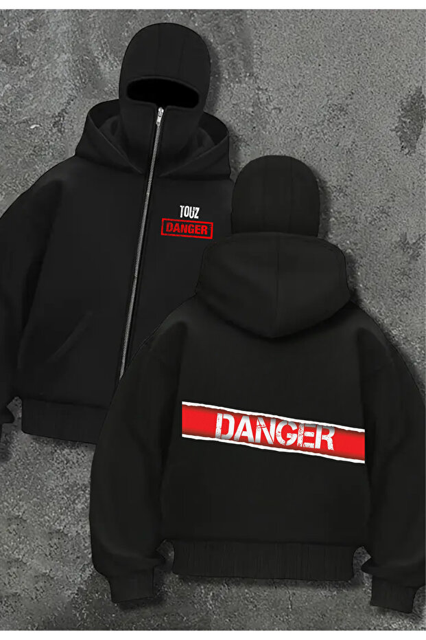 Touz Collection Mask Detailed Oversize Zippered Black Unisex Hooded Cardigan