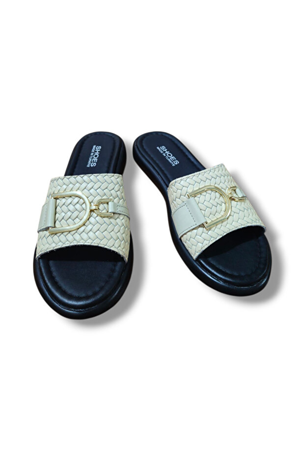 Women's Genuine Leather Braided Single Strap Buckle Slippers