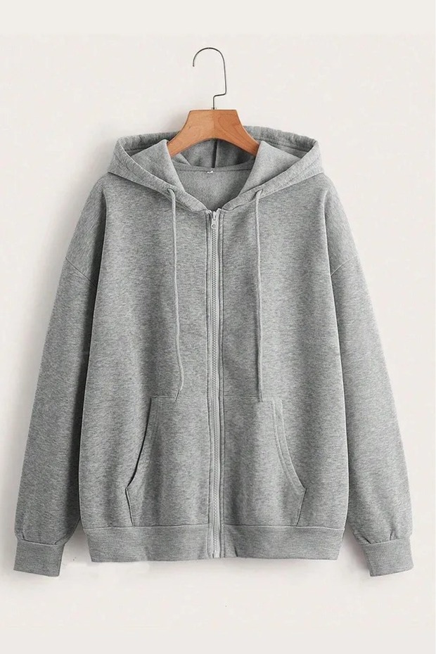 Unisex Gray Zipper Hooded Sweatshirt