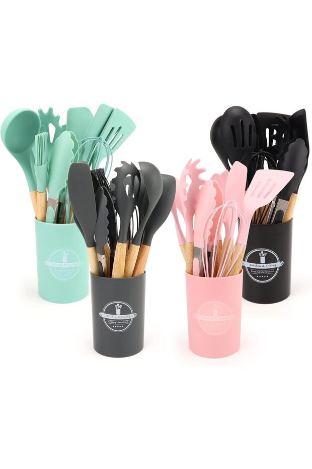 12-Piece Silicone Cooking Tools with Wooden Handles, Kitchen Utensil Set