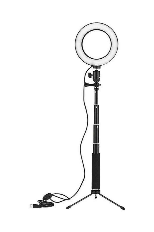حلقة إضاءة فيديو LED صغيرة مع حامل تلسكوبي أسود/أبيض - 1
