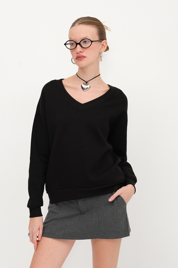 V Yaka Şardonlu Sweatshirt S12040 - 1