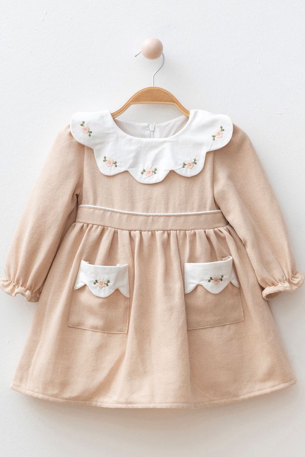 Miniğimin Cicileri Flower Embroidered Collar and Pocket Detail Girls' Dress - Beige
