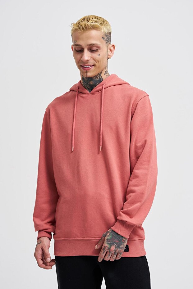 Erkek Regular Şardonsuz Gül Kurusu Hoodie - 1