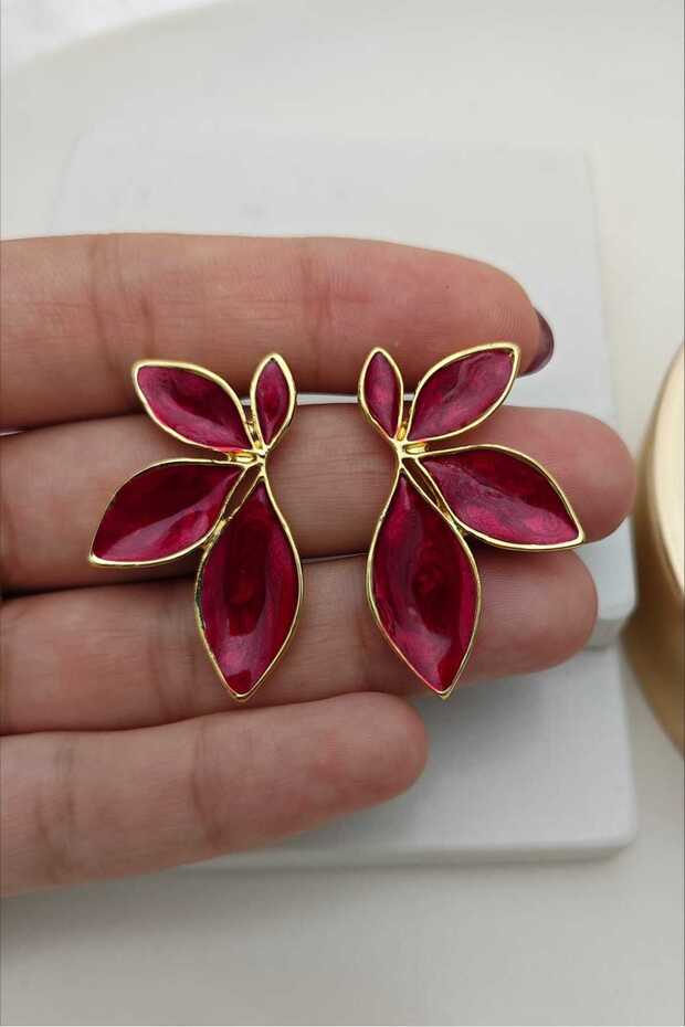 Burgundy Shiny Pearlescent Iconic Gold Leaf Women's Earrings (4.5 cm)