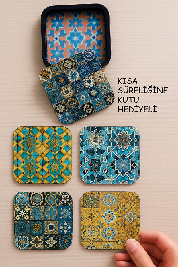 Wooden Coasters, Set of 6 Coasters with Tile Pattern Box Gift