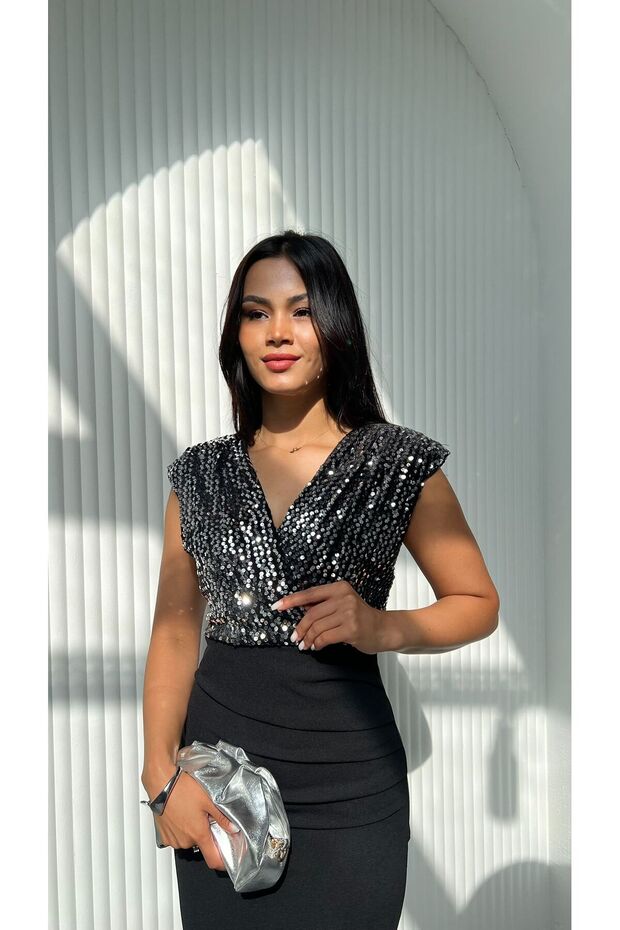 Top Sequin Skirt Crepe V-Neck Zero Sleeve Midi Length Dress - 3