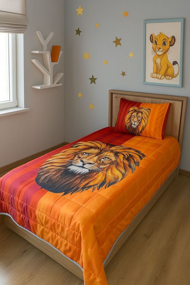 Aslan Desenli, Kapitone Dikişli Tek Kişilik Yatak Örtüsü Seti 160x220 cm + Yastık Kılıfı - 1