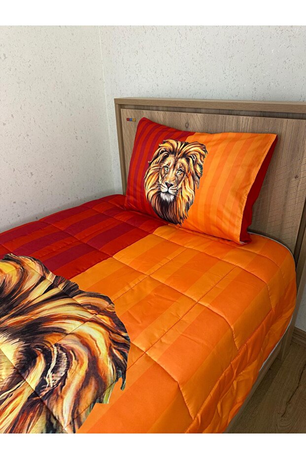 Aslan Desenli, Kapitone Dikişli Tek Kişilik Yatak Örtüsü Seti 160x220 cm + Yastık Kılıfı - 6