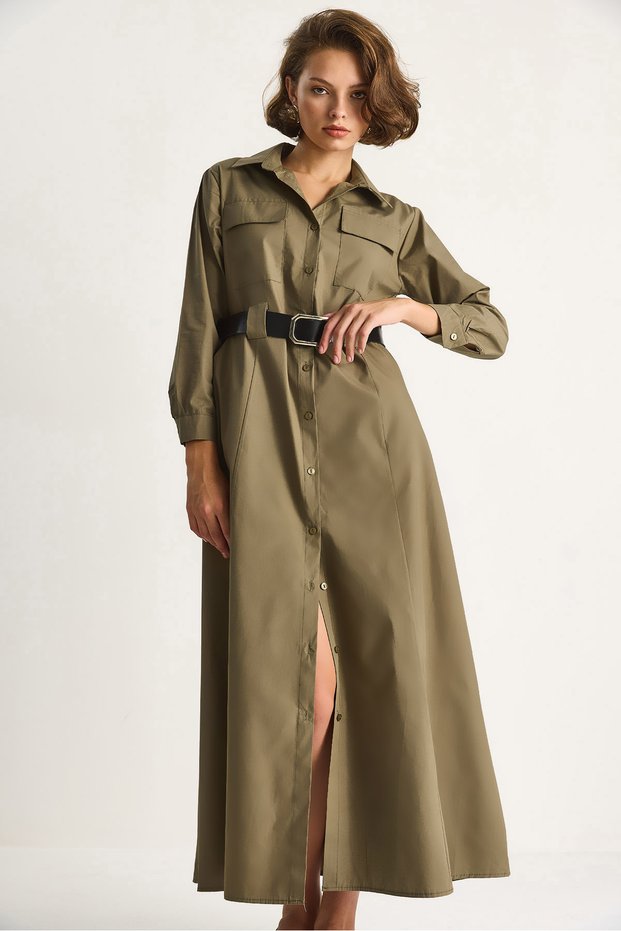 Women's Khaki Button Closure Pocket Detailed Belted Shirt Dress 60284073