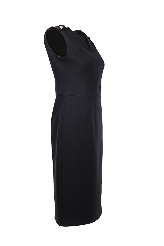 Minimalist Midi Elbise - Kolsuz V Yaka Günlük & İş Elbisesi - 3